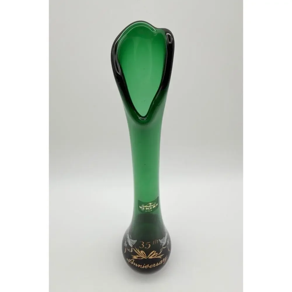 Viking Emerald Green Swung Glass Bud Vase 10.5” 35th Anniversary with Label MCM